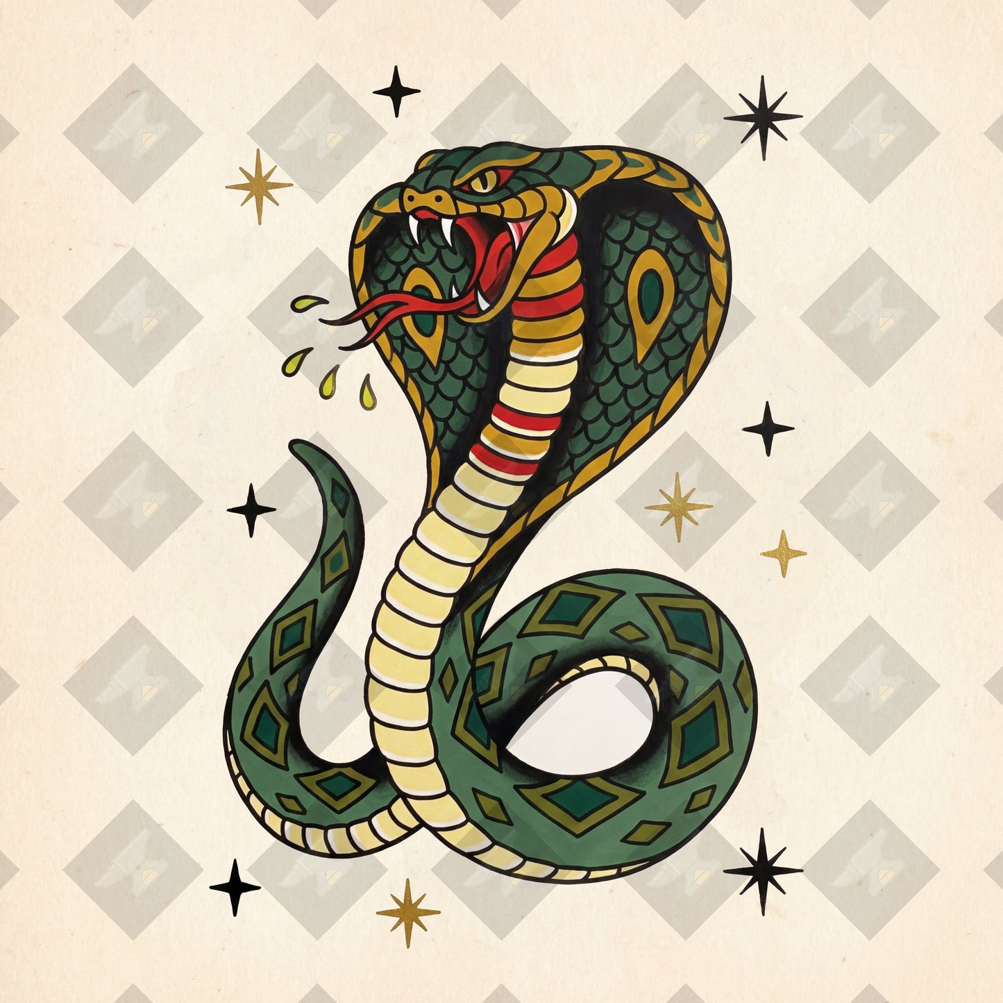 American traditional tattoo flash king cobra in striking pose. Color and outline PNGs included. Digital download from Iron Classics.