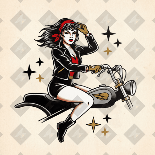American traditional biker pin-up tattoo flash. High-res PNG with colored + transparent variants. Digital download from Pin-Up Classics.