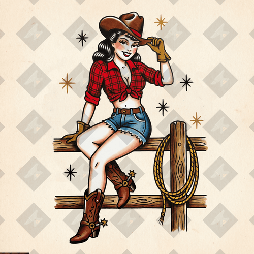 American traditional cowgirl pin-up tattoo flash. High-res PNG with colored + transparent variants. Digital download from Pin-Up Classics.