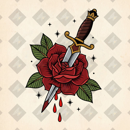 American traditional tattoo flash dagger through a blooming rose. Color and outline PNGs included. Digital download from Iron Classics.