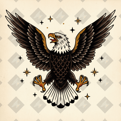 American traditional tattoo flash bald eagle with spread wings. Color and outline PNGs included. Digital download from Iron Classics.