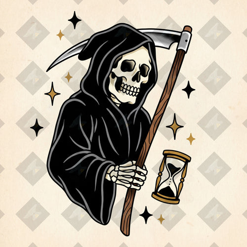 American traditional tattoo flash grim reaper with scythe. Color and outline PNGs included. Digital download from Iron Classics.