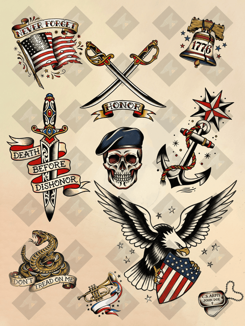 Honor & Duty Flash Sheet — 10 American Traditional Tattoo