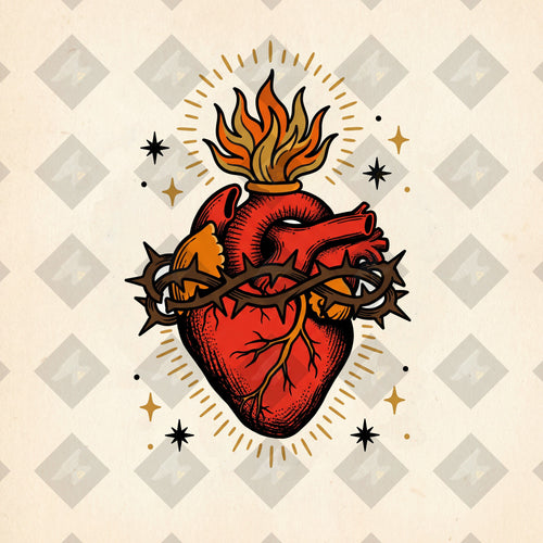 American traditional tattoo flash sacred heart with flames and thorns. Color and outline PNGs included. Digital download from Iron Classics.