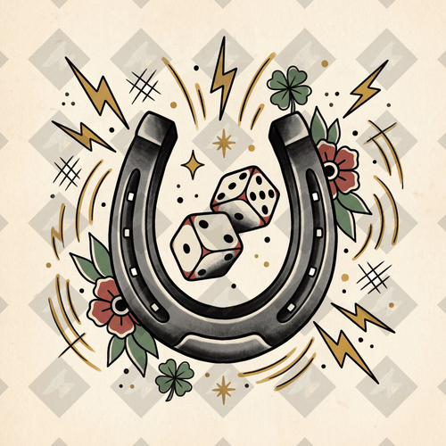 American traditional tattoo flash horseshoe and dice luck motif. Color and outline PNGs included. Digital download from Iron Classics.