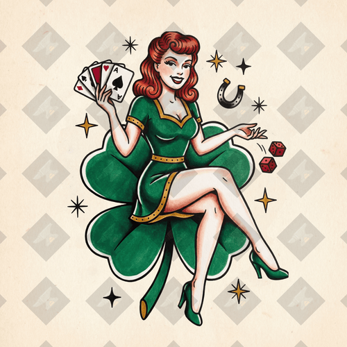 American traditional Lady Luck pin-up tattoo flash. High-res PNG with colored + transparent variants. Digital download from Pin-Up Classics.