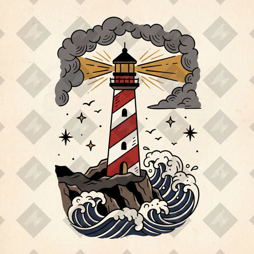 American traditional tattoo flash lighthouse on stormy rocks. Color and outline PNGs included. Digital download from Iron Classics.