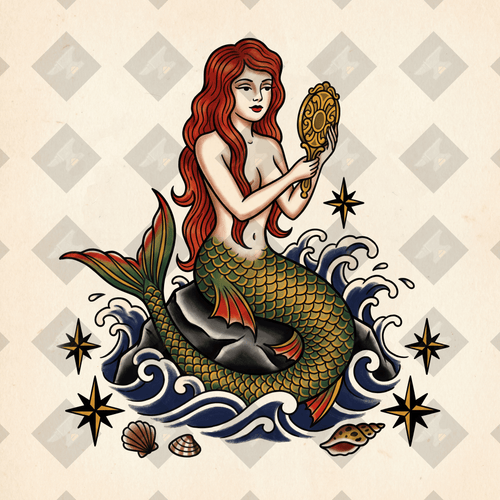 American traditional mermaid pin-up tattoo flash. High-res PNG with colored + transparent variants. Digital download from Pin-Up Classics.