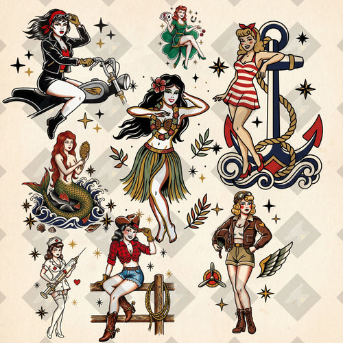 All 8 Pin-Up Classics traditional tattoo flash designs in one download. Save 35%+. High-resolution PNGs with colored + transparent variants.