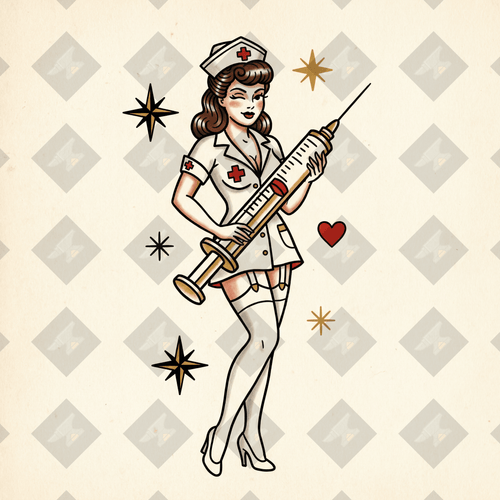 American traditional nurse pin-up tattoo flash. High-res PNG with colored + transparent variants. Digital download from Pin-Up Classics.