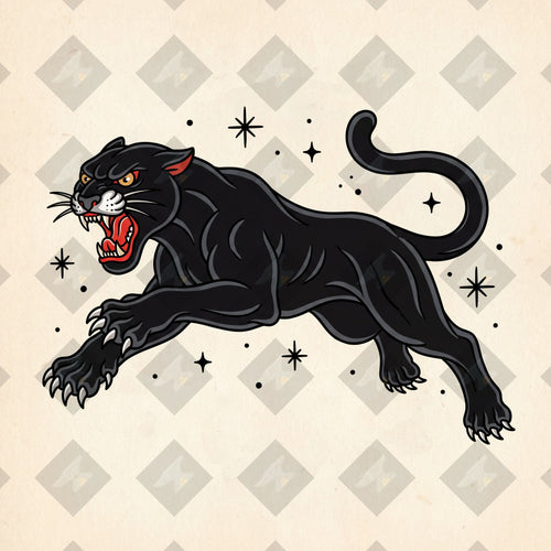American traditional tattoo flash black panther in mid-leap. Color and outline PNGs included. Digital download from the Iron Classics collection.
