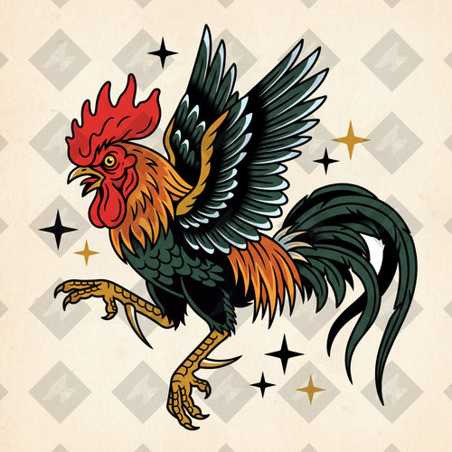 American traditional tattoo flash fighting rooster in mid-strike. Color and outline PNGs included. Digital download from Iron Classics.