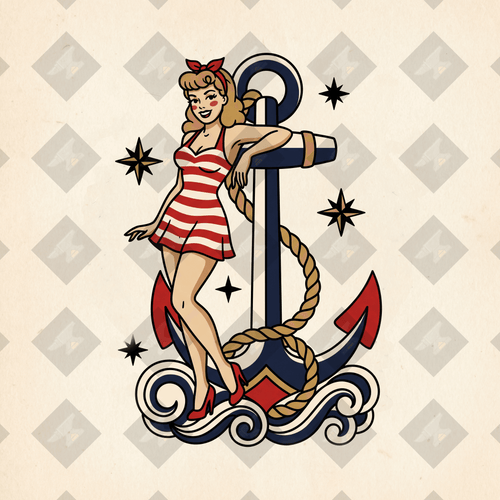 American traditional sailor pin-up tattoo flash. High-res PNG with colored + transparent variants. Digital download from Pin-Up Classics.
