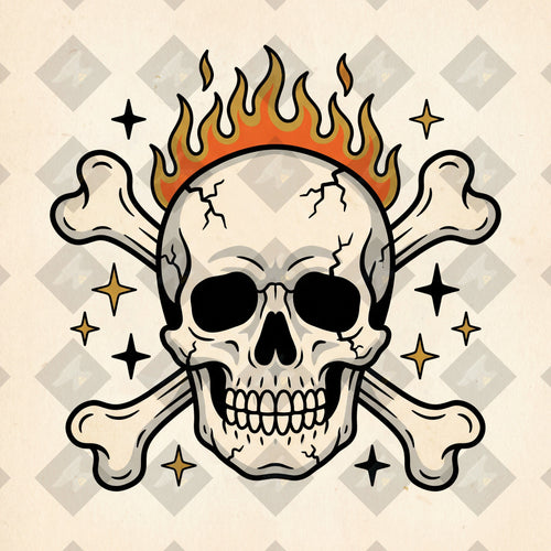 American traditional tattoo flash skull and crossbones with flames. Color and outline PNGs included. Digital download from Iron Classics.