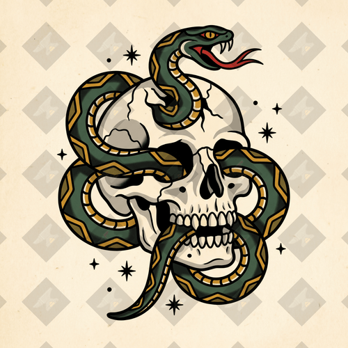 American traditional tattoo flash snake coiling through a skull. Color and outline PNGs included. Digital download from Iron Classics.