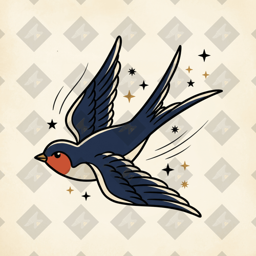 American traditional tattoo flash sailor's swallow in flight. Color and outline PNGs included. Digital download from Iron Classics.