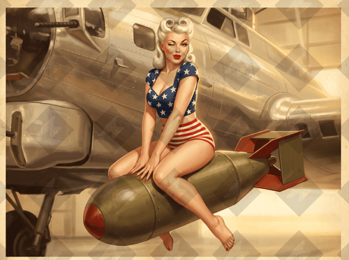 Vintage 1940s patriotic pin-up art — stars and stripes bombshell. Digital download from the Victory Girls WWII collection.