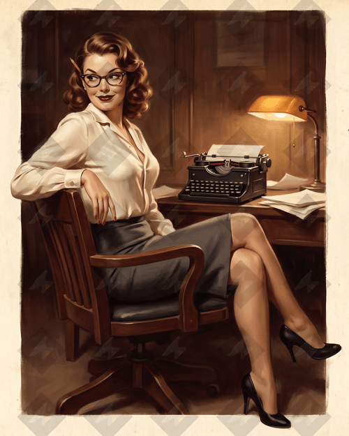 Vintage 1940s pin-up art of a glamorous cryptanalyst. High-resolution digital download from the Victory Girls WWII collection.