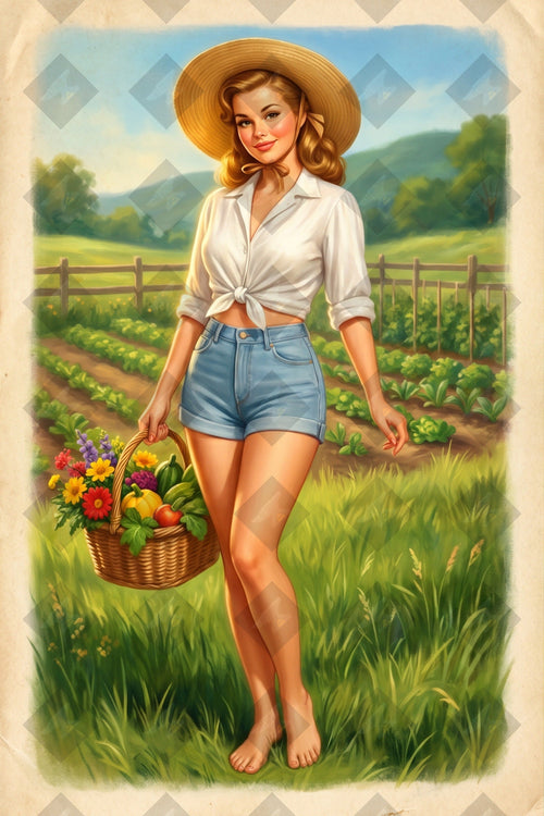 Vintage 1940s pin-up art of a Victory Garden beauty. High-resolution digital download from the Victory Girls WWII collection.