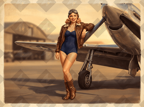 Vintage 1940s pin-up art print of a glamorous WASP pilot. High-resolution digital download from the Victory Girls WWII collection.