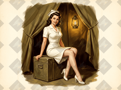 Vintage 1940s pin-up art print of a gorgeous army nurse. High-resolution digital download from the Victory Girls WWII collection.