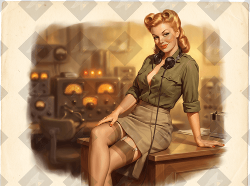 Vintage 1940s pin-up art of a beautiful radio operator. High-resolution digital download from the Victory Girls WWII collection.