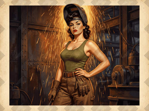 Vintage 1940s pin-up art of a glamorous shipyard welder. High-resolution digital download from the Victory Girls WWII collection.