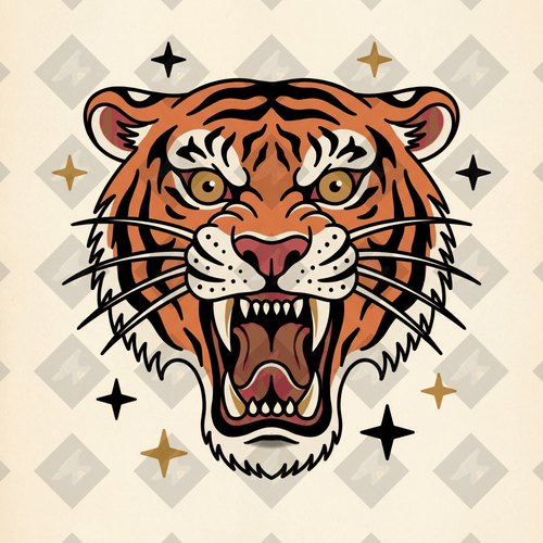 American traditional tattoo flash roaring tiger head, Bert Grimm style. Color and outline PNGs included. Digital download from Iron Classics.
