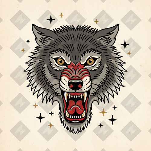 American traditional tattoo flash snarling wolf head portrait. Color and outline PNGs included. Digital download from Iron Classics.