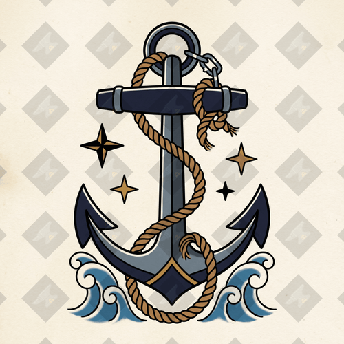 American traditional tattoo flash fouled anchor with rope. Color and outline PNGs included. Digital download from Iron Classics.