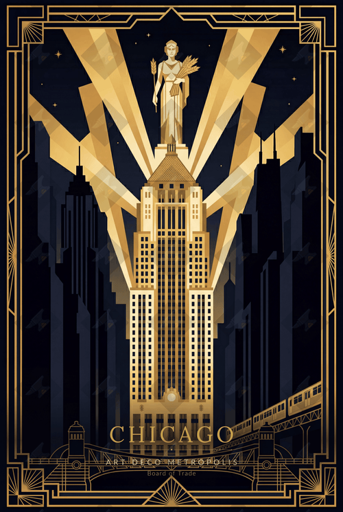 Download a striking Art Deco Chicago poster featuring the Board of Trade. Bold gold geometry on navy. Print-ready digital art.