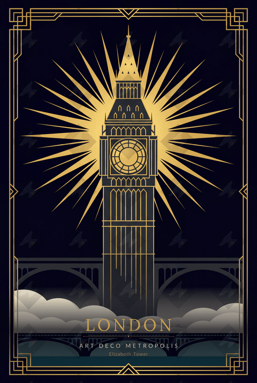 Download a beautiful Art Deco London poster featuring Elizabeth Tower. Elegant gold design on navy. Print-ready at any size.