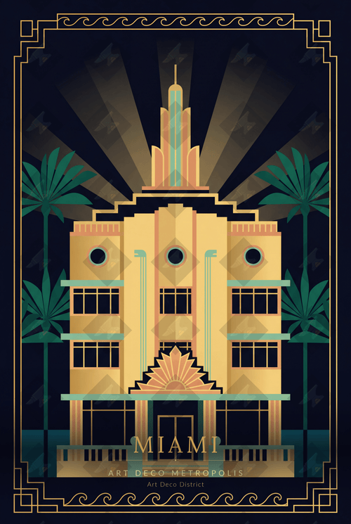 Download a gorgeous Art Deco Miami poster celebrating the Art Deco District. Warm gold on navy. Print-ready digital poster.