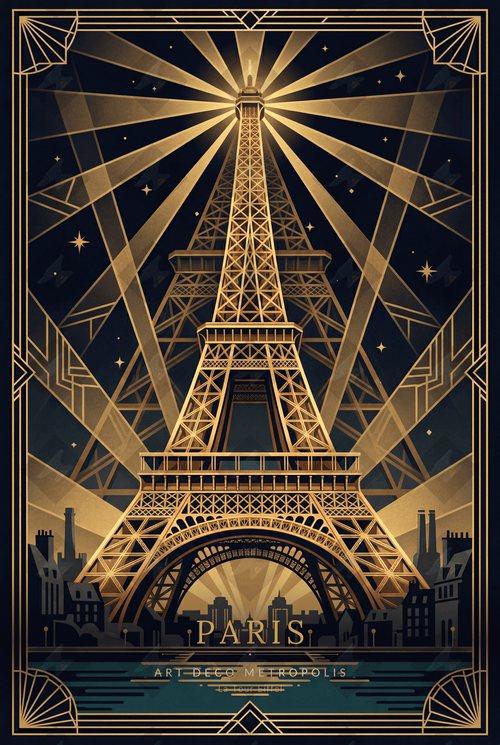 Download an exquisite Art Deco Paris poster with the Eiffel Tower. Gold geometric design on navy background. Print-ready digital file.