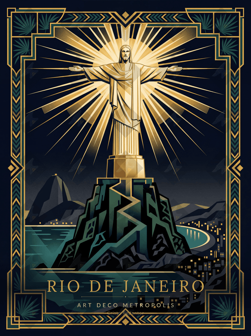 Download a stunning Art Deco Rio poster featuring Cristo Redentor. Gold geometric design on navy. Print-ready digital file.