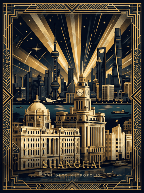Download an exquisite Art Deco Shanghai poster featuring The Bund. Gold geometric design on navy. Print-ready digital art.