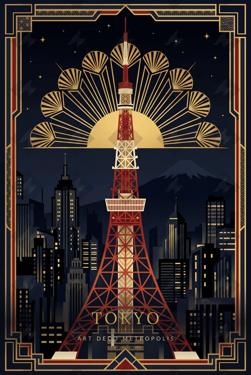 Download an elegant Art Deco Tokyo poster with Tokyo Tower. Fusion of East-West design in gold on navy. Print-ready file.