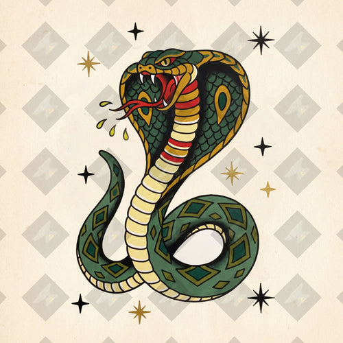 American traditional tattoo flash king cobra in striking pose. Color and outline PNGs included. Digital download from Iron Classics.