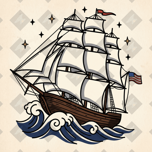 American traditional tattoo flash clipper ship on rough seas. Color and outline PNGs included. Digital download from Iron Classics.
