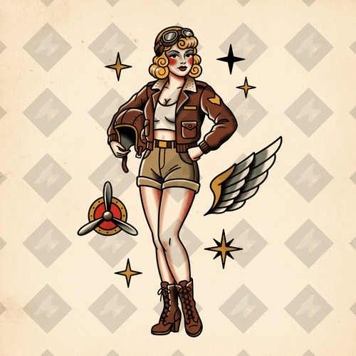 American traditional aviator pin-up tattoo flash. High-res PNG with colored + transparent variants. Digital download from Pin-Up Classics.