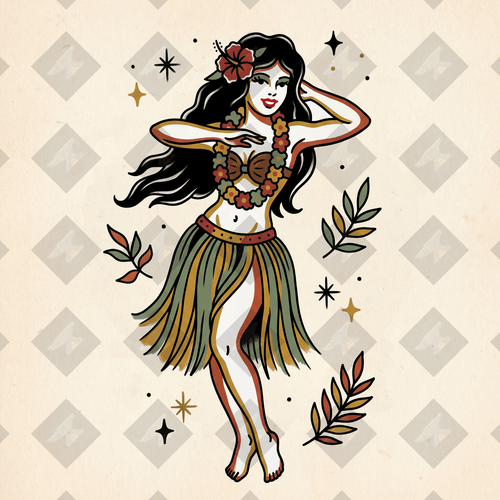 American traditional hula pin-up tattoo flash in Sailor Jerry style. High-res PNG with colored + transparent variants. Digital download from Pin-Up Classics.